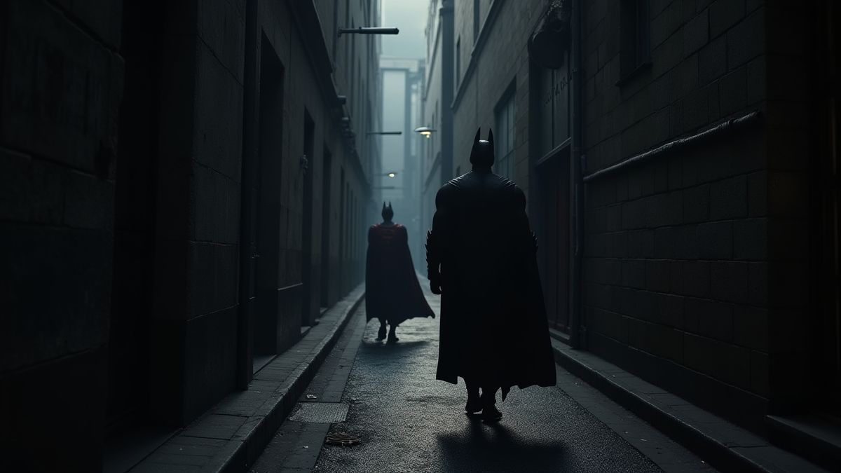 Une ruelle sombre avec les ombres de Batman et Superman visibles sur les murs.