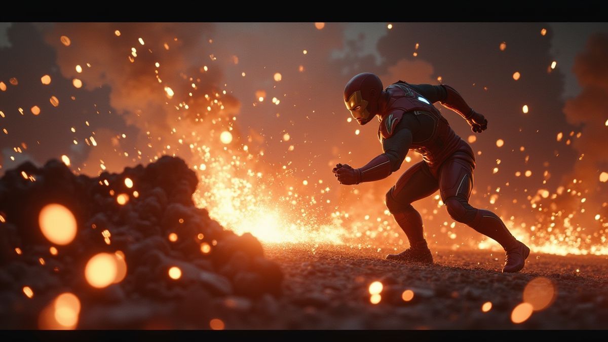 Vue cinématographique d'une bataille de super-héros avec des étincelles et un éclairage dramatique.