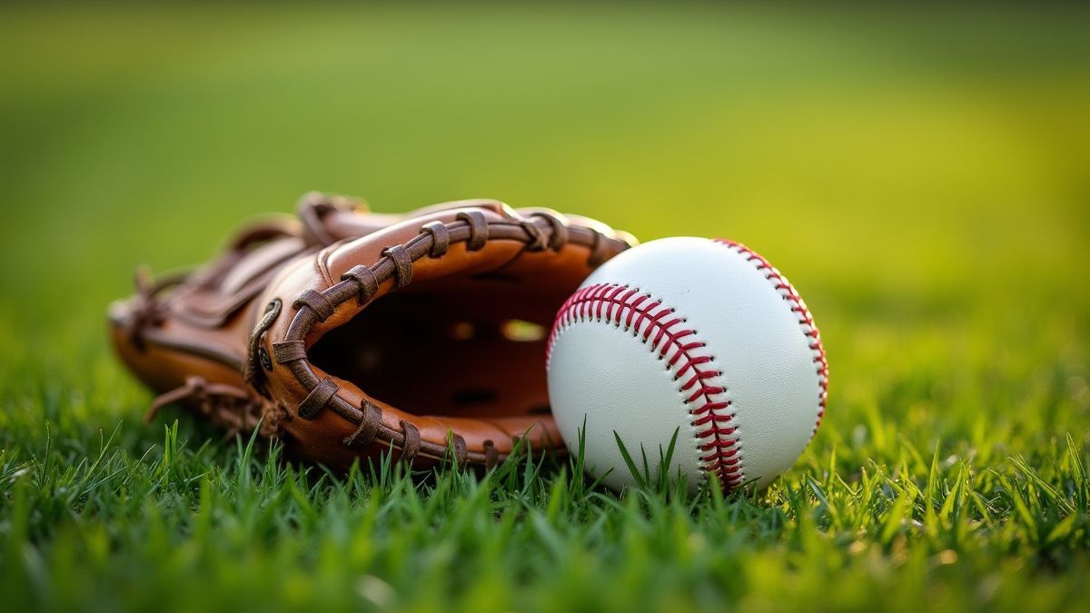 Un guante de baseball et une balle sur l'herbe.
