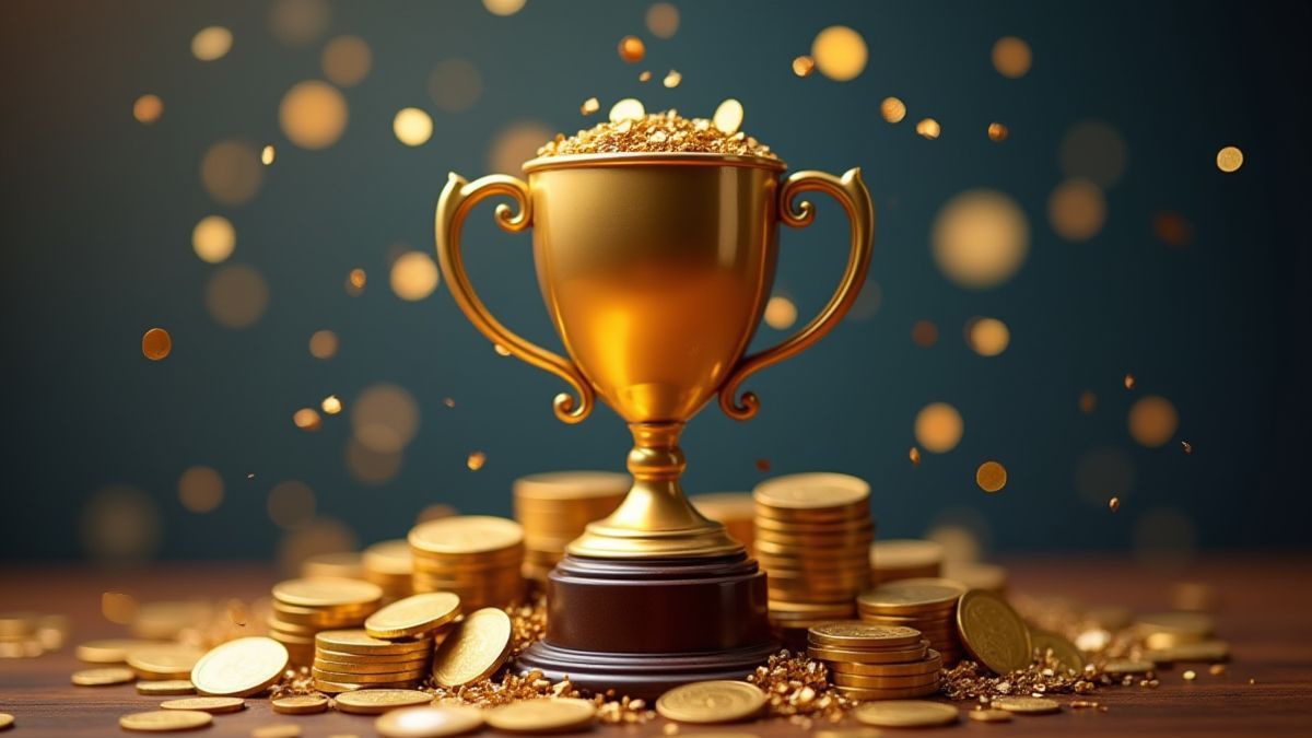 Un trophée entouré de pièces et de confettis.