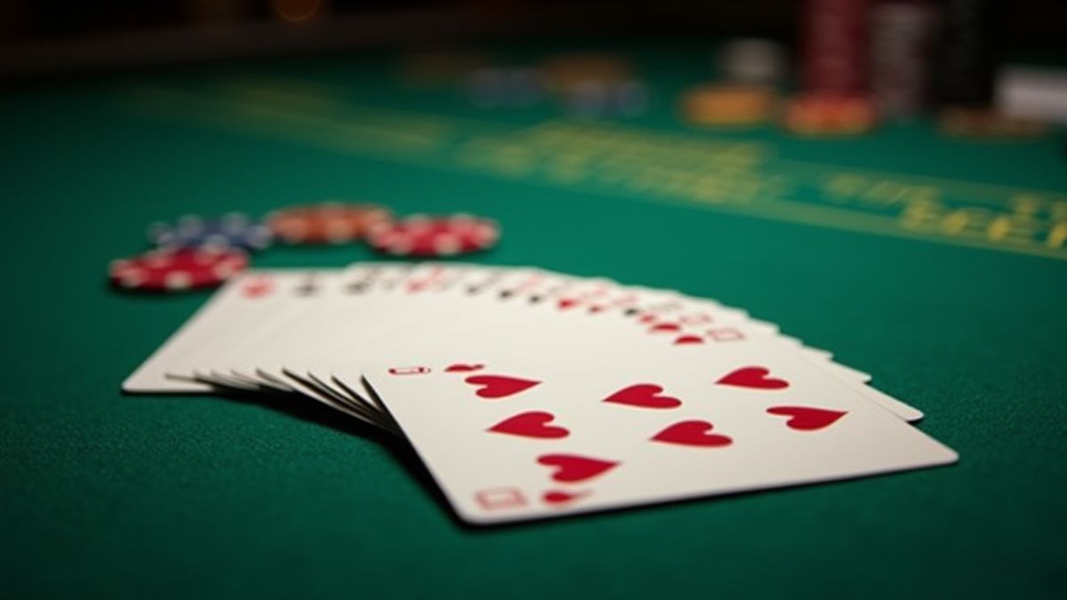 Ein Kartenspiel und Chips auf einem grünen Casino-Tisch.