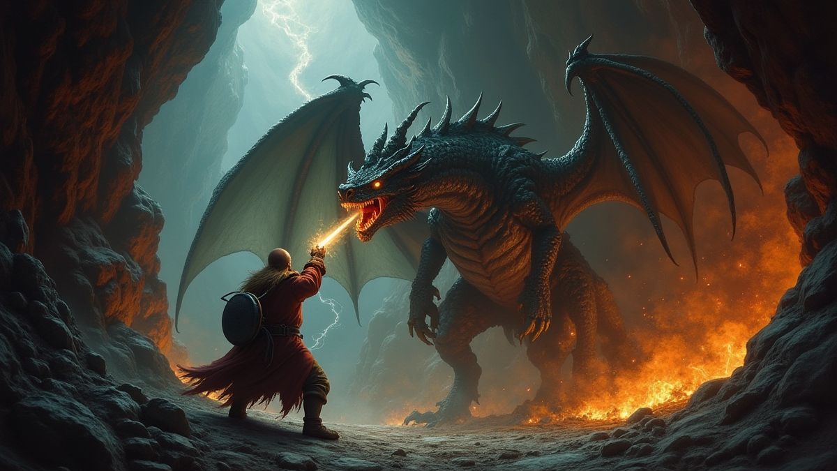 Un nain luttant contre un dragon dans une caverne illuminée.