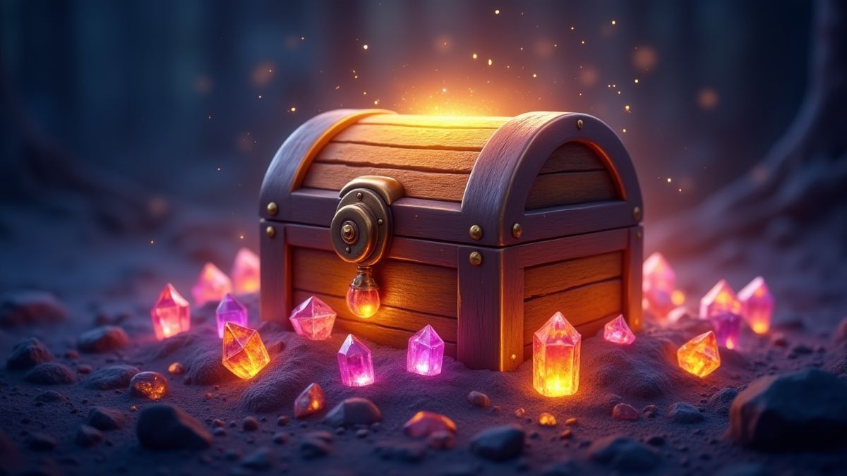 Un coffre au trésor entouré de cristaux magiques.
