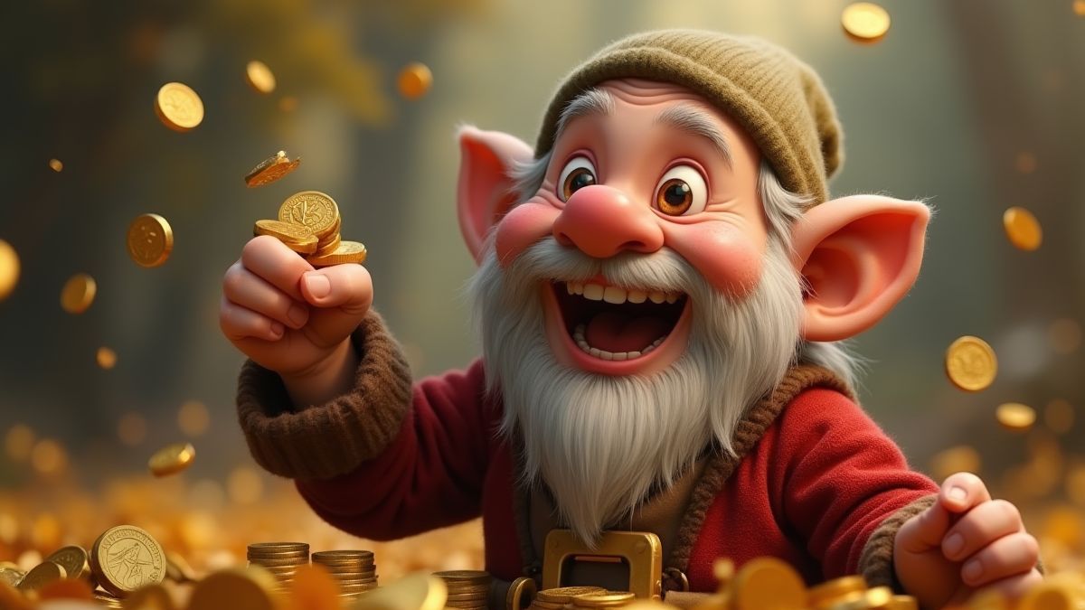 Un nain tenant des pièces d'or avec un sourire triomphant.