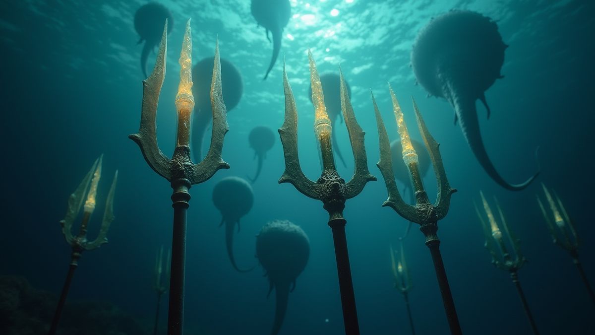 Tridents brillants sous l'eau entourés de créatures magiques.