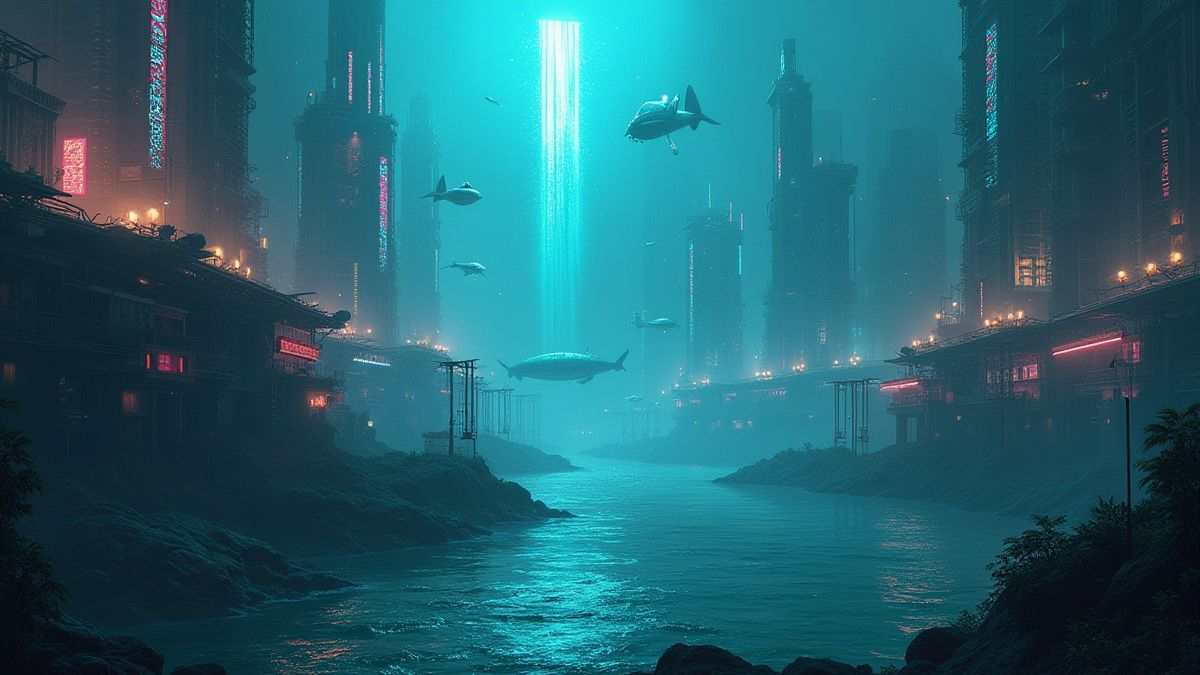 Une ville sous-marine lumineuse avec des éléments cyberpunk et des créatures mystérieuses.