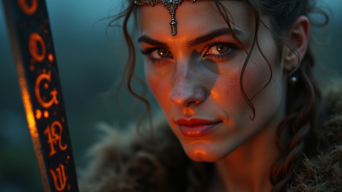 Guerrera vikinga sosteniendo una espada con runas brillantes.