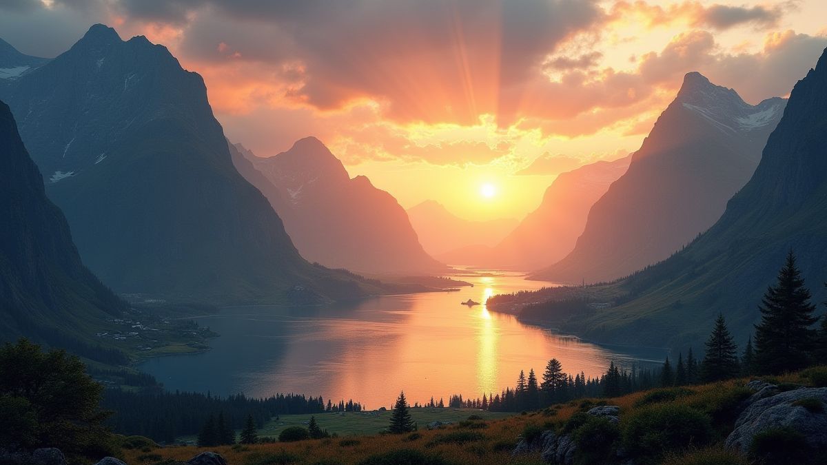 Paisaje vikingo con montañas, fiordos y un atardecer brillante.