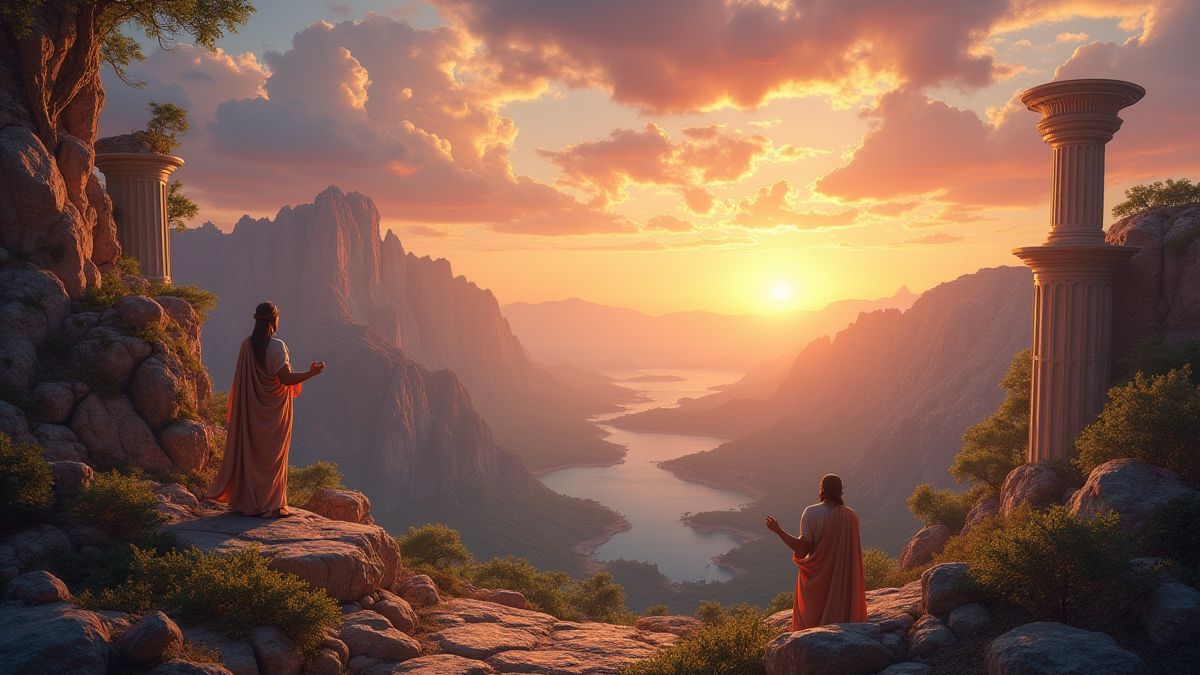 Landschaft des Olymp mit Göttern, die die Walzen beobachten.