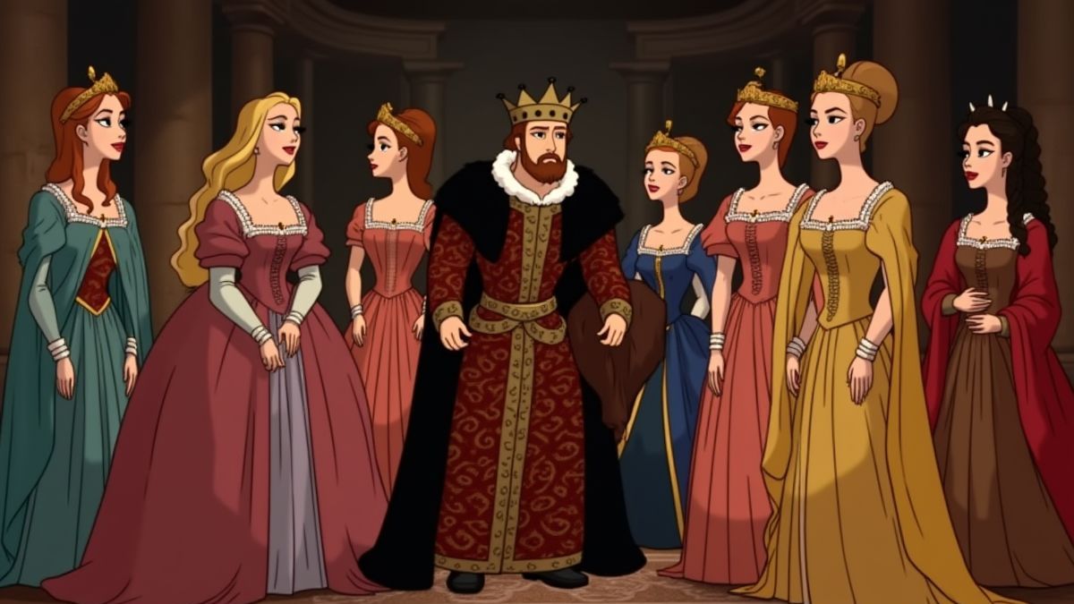 Escena de corte medieval con Enrique VIII y sus esposas.