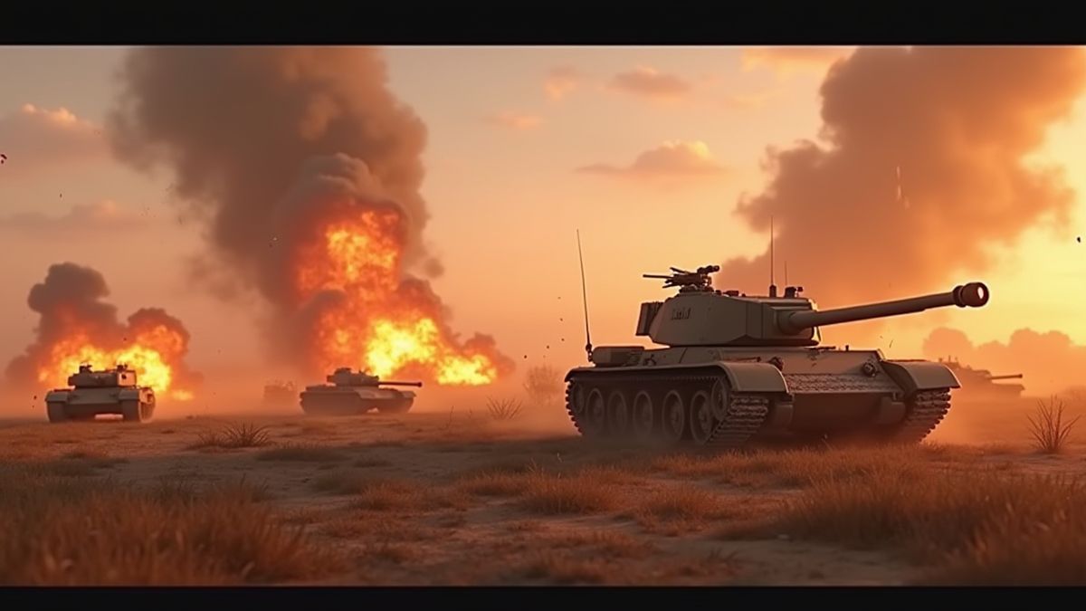 Schlachtfeld mit Panzern und Explosionen.