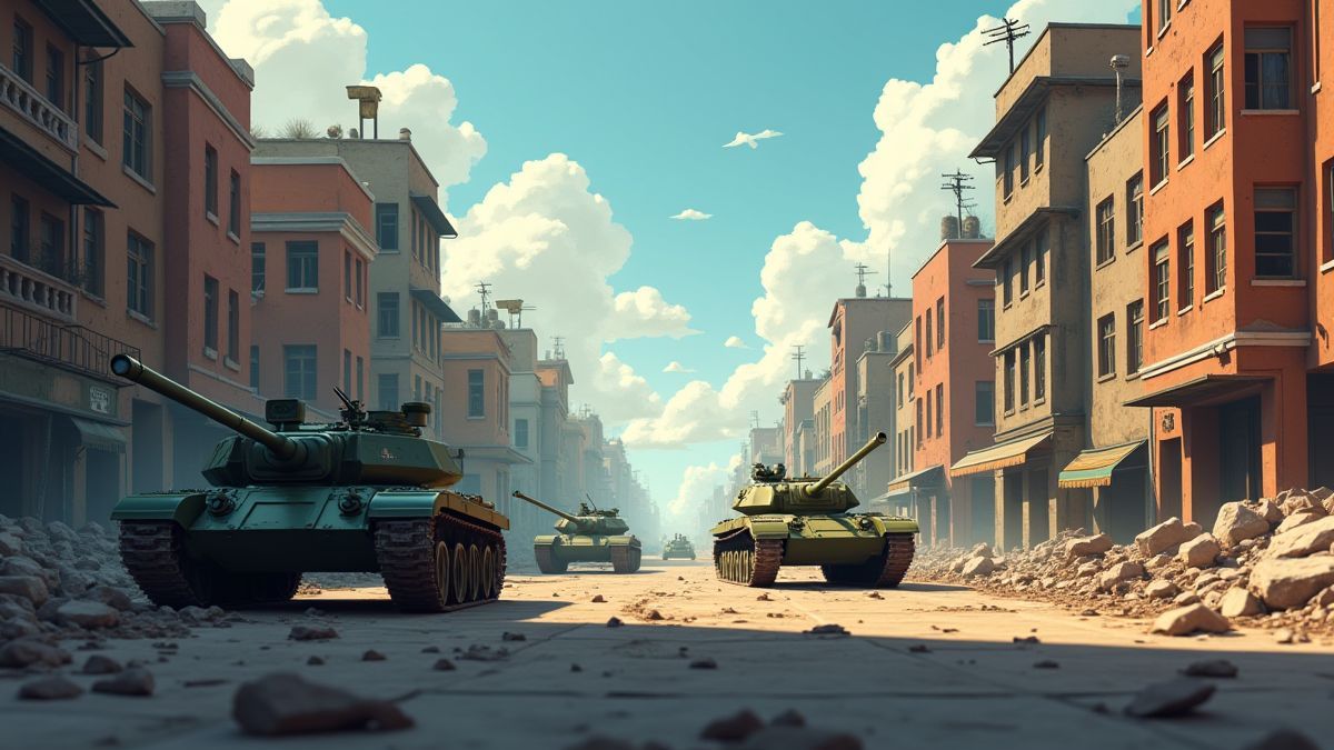 Zerstörte Stadtlandschaft mit fahrenden Panzern.