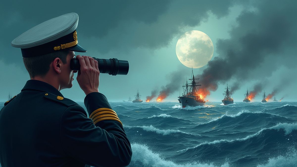 Offizier der Marine beobachtet feindliche Schiffe in einem stürmischen Meer.
