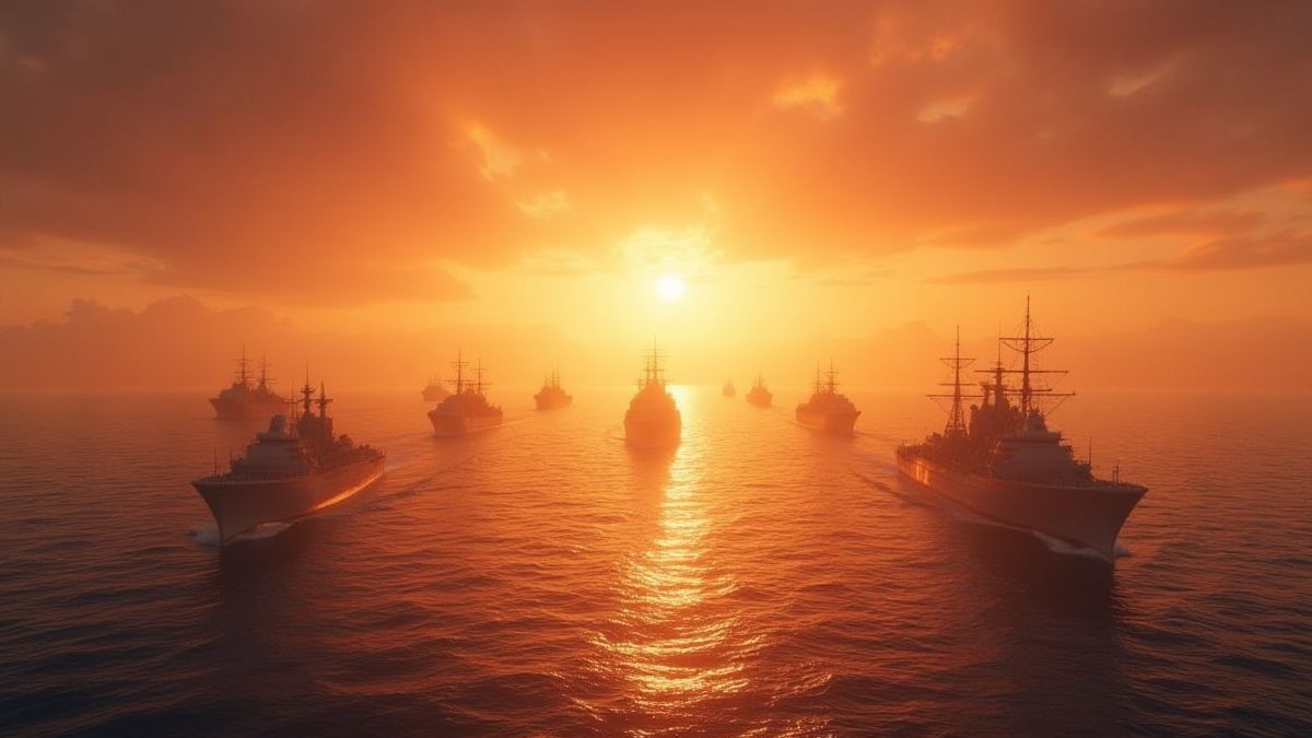 Ruhiger Ozean mit einer Flotte von Kriegsschiffen vor einem glühenden Sonnenuntergang.