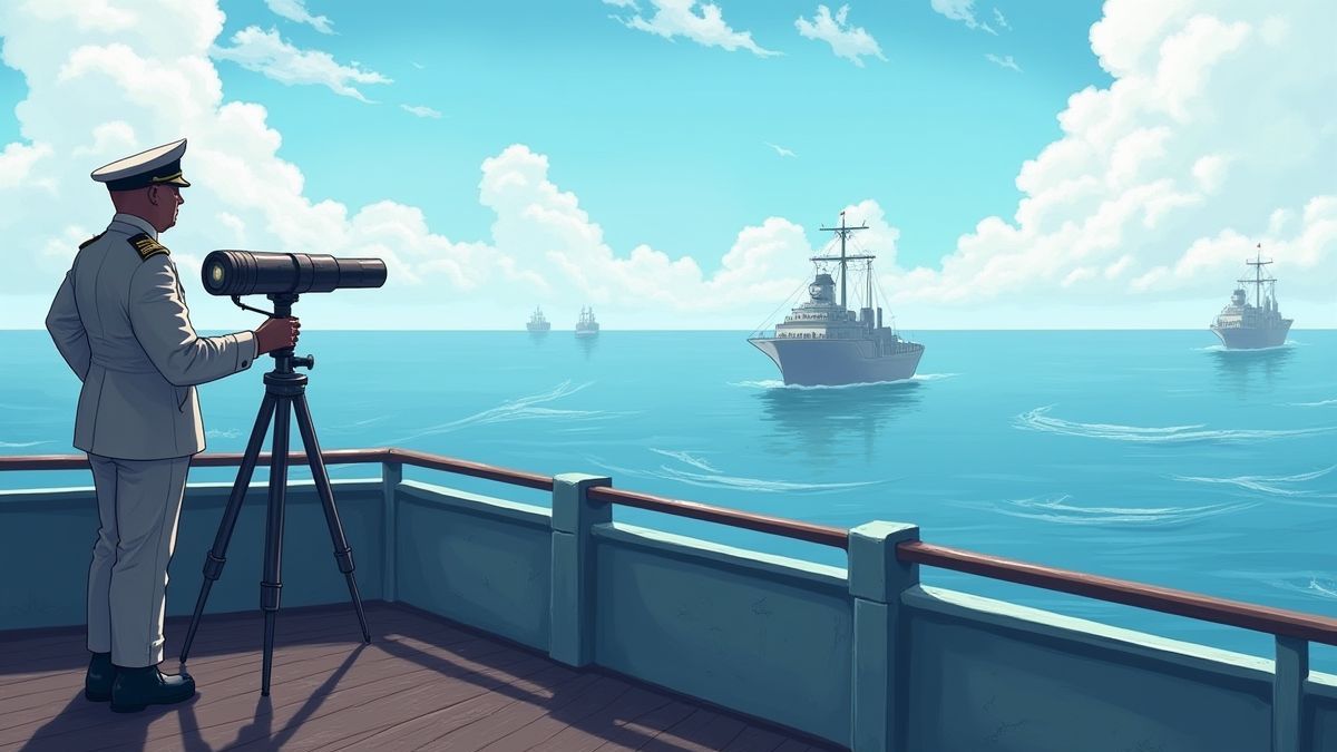 Comandante naval en la cubierta observando el océano con barcos a lo lejos.