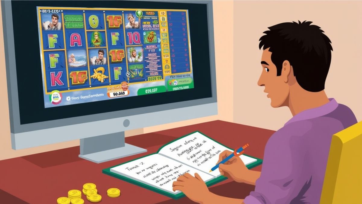 Jugador planificando estrategia con notebook y monedas junto a la pantalla.