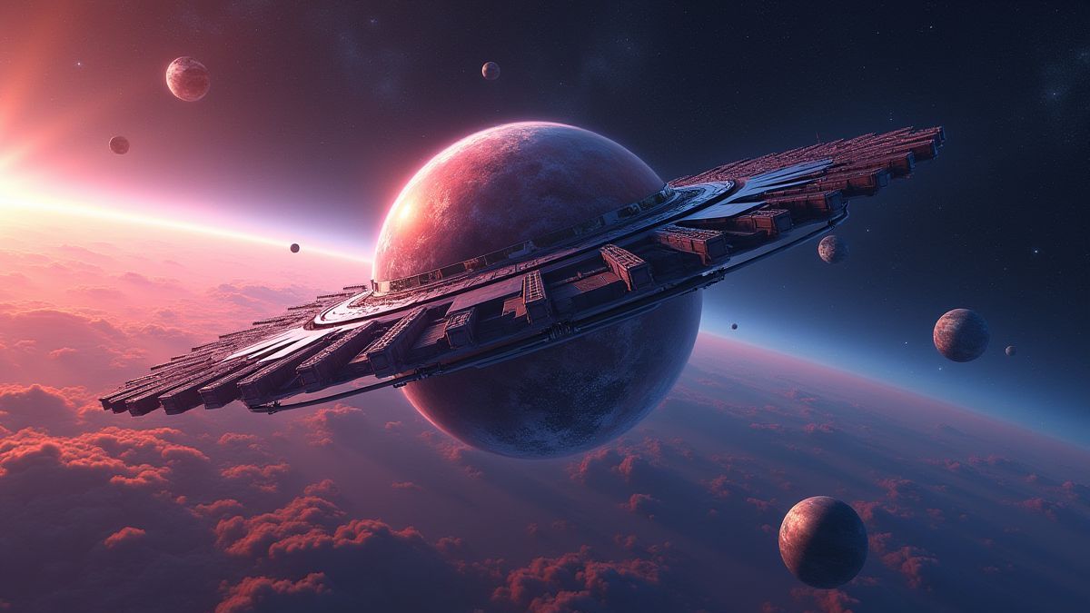Uma estação espacial futurista orbitando um planeta colorido.