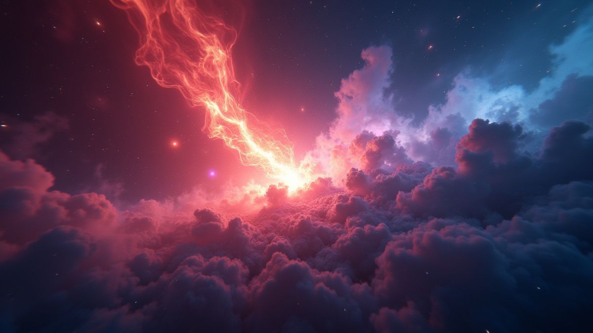 Uma tempestade de energia luminosa no espaço com cores vibrantes.