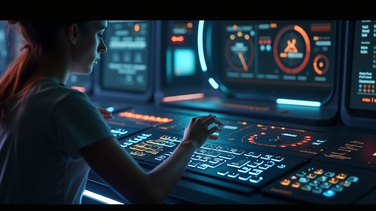 Um painel de controle futurista com botões luminosos e um jogador interagindo.