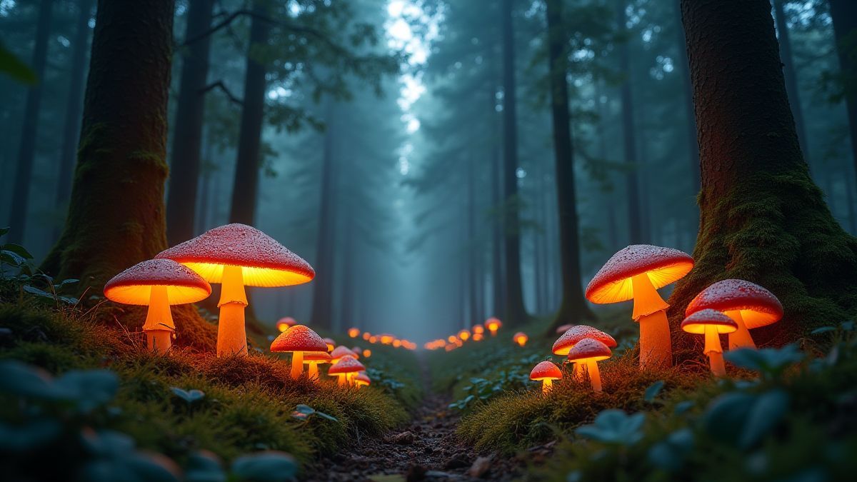 Bavarian forest with glowing mushrooms and wildlife.