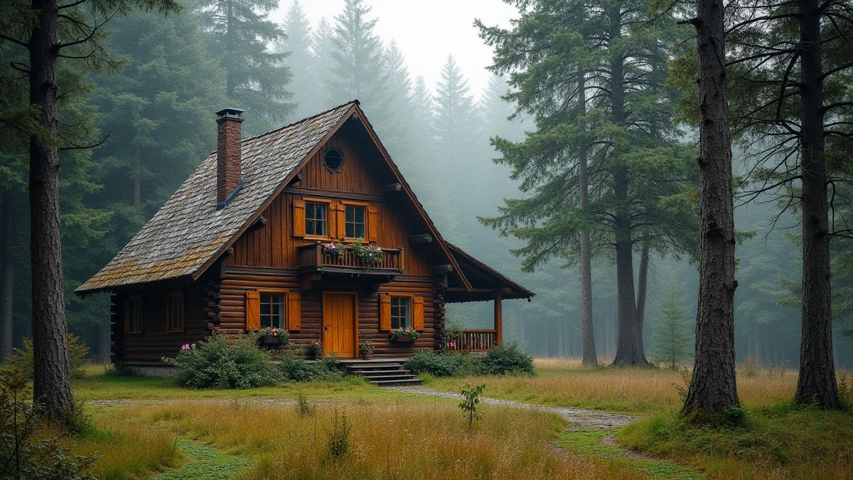 Bavarian cabin surrounded by trees and wildlife.