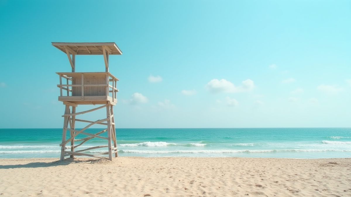 Torre de salva-vidas em uma praia ensolarada com o oceano calmo.