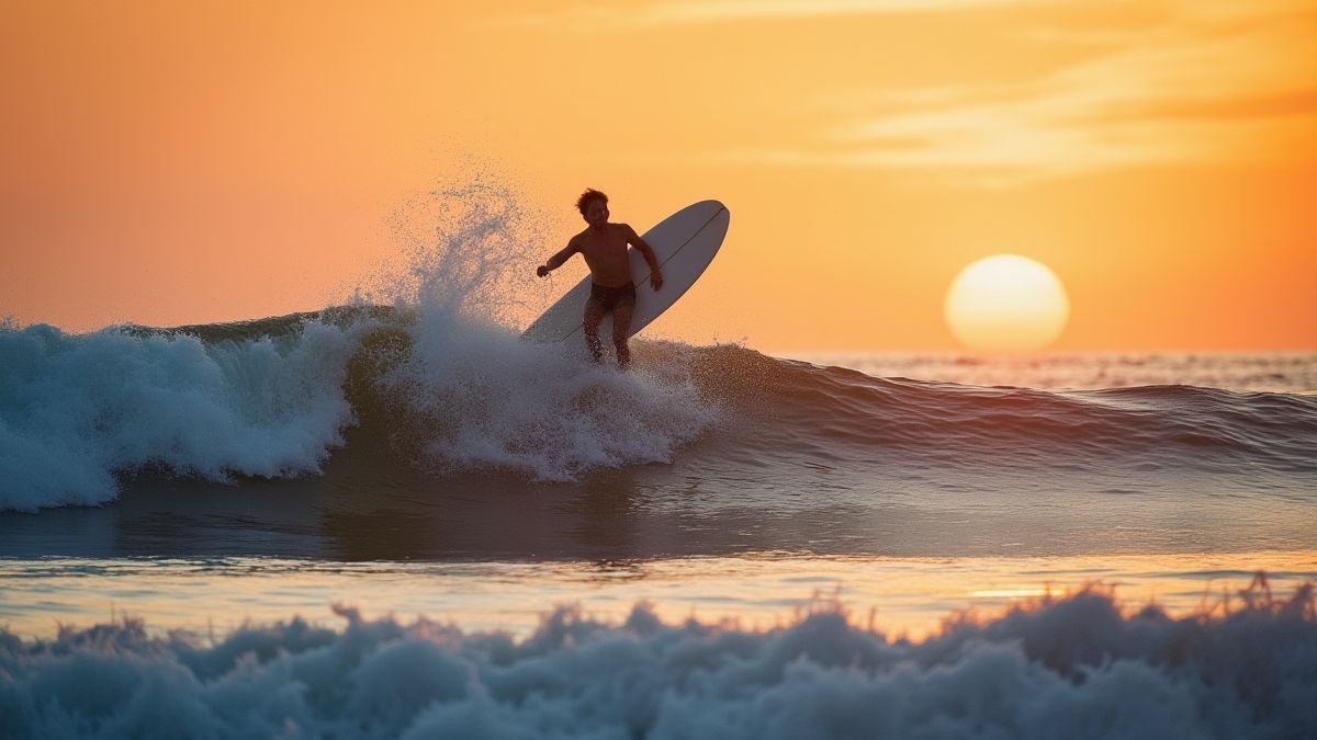 Surfista pegando uma onda ao pôr do sol.