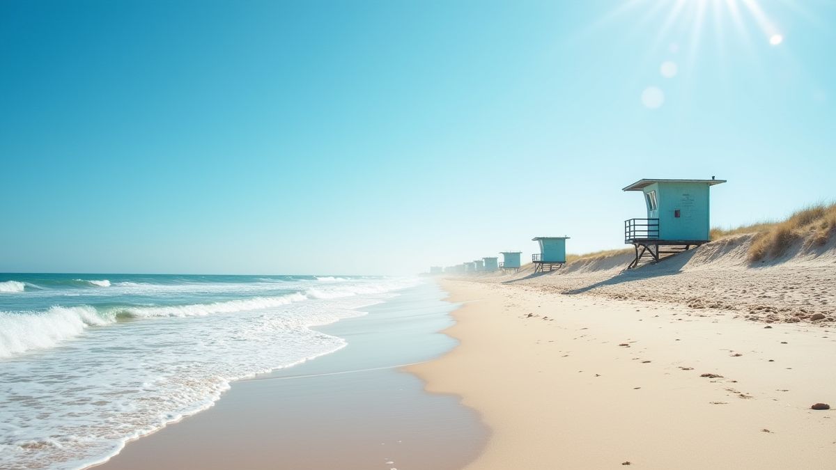 Sonniger Strand mit Rettungstürmen und brechenden Wellen.