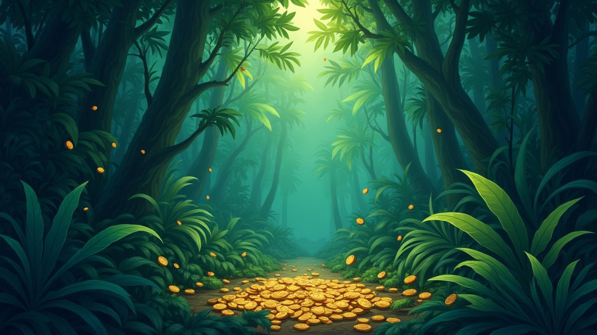 Jungla densa con monedas doradas entre el follaje.