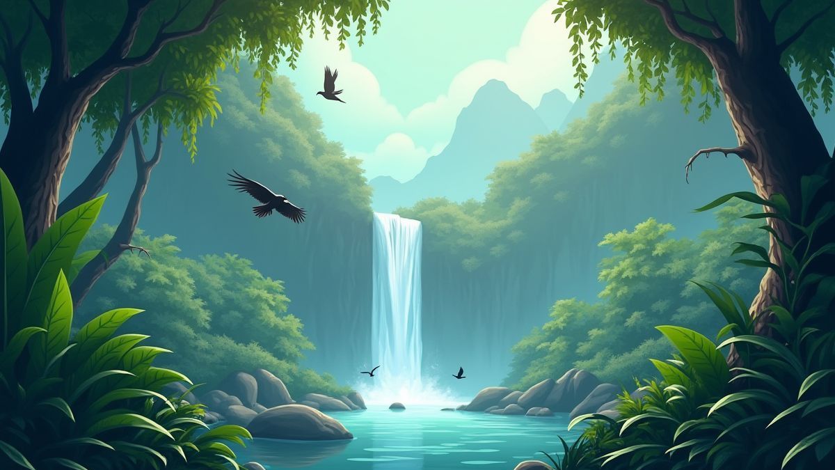 Escena animada de una jungla con aves volando y una cascada.