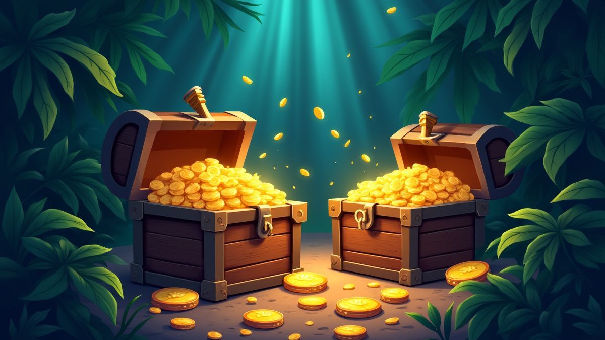 Cofres del tesoro rodeados de plantas de jungla y monedas brillantes.