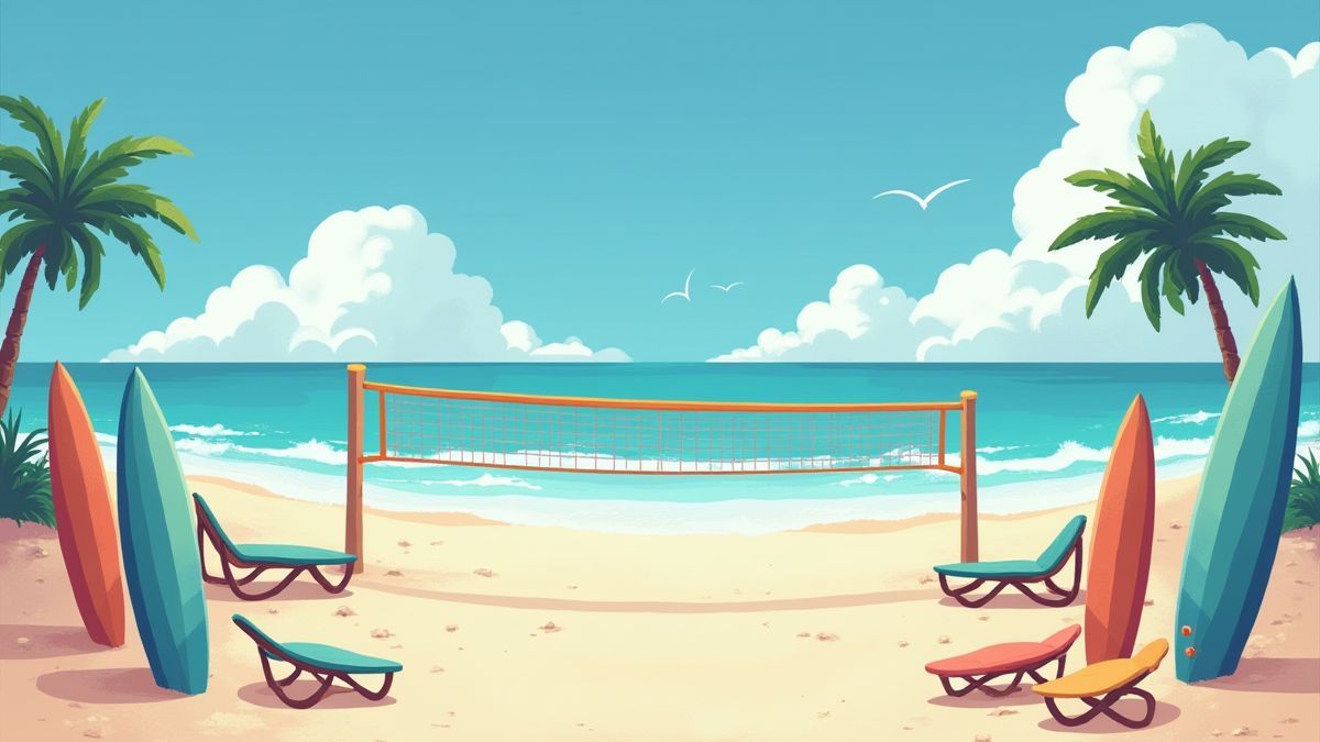 Scène de plage avec des planches de surf et des filets de volley-ball.