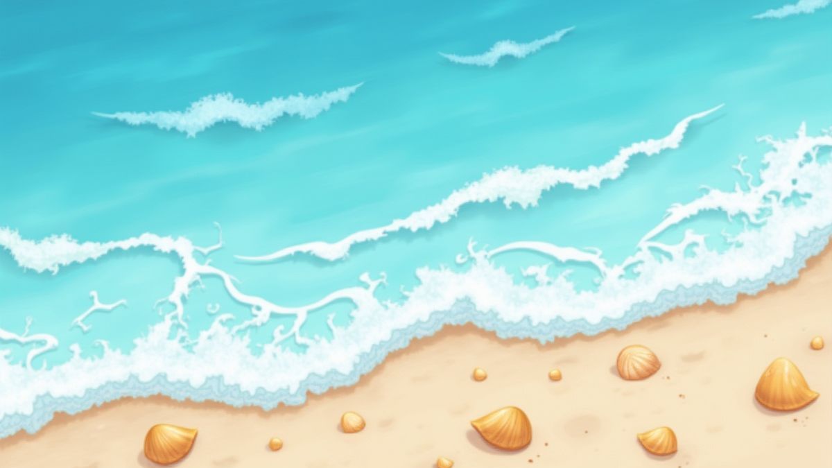 Vagues animées s'écrasant sur le rivage avec des coquillages dans le sable.