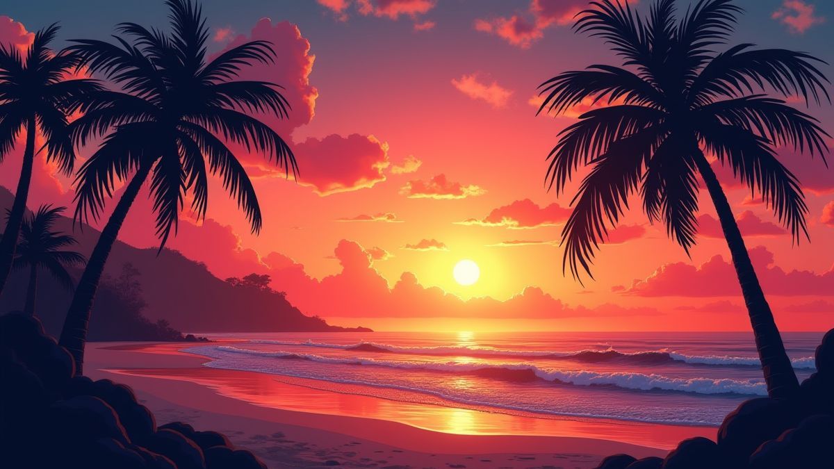 Puesta de sol en la plage avec silhouettes de palmiers.