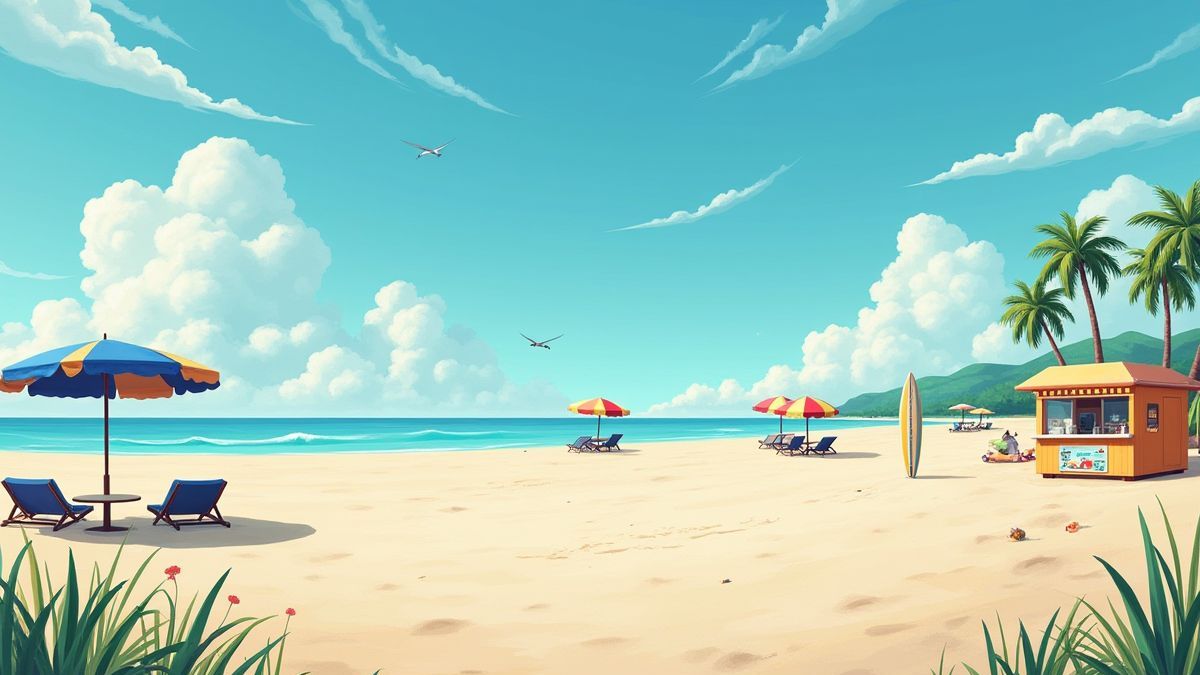 Scène animée d'une plage colorée avec des parasols et des planches de surf.