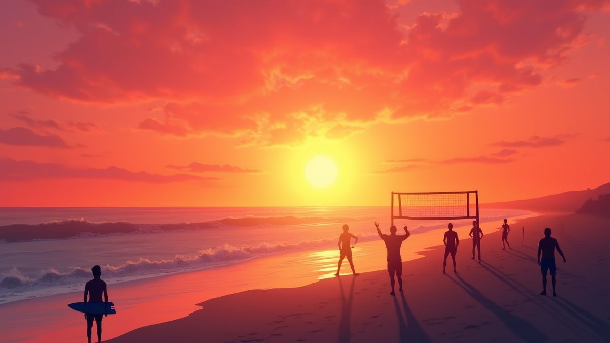 Coucher de soleil animé sur la plage avec des personnes surfant et jouant au volley-ball.