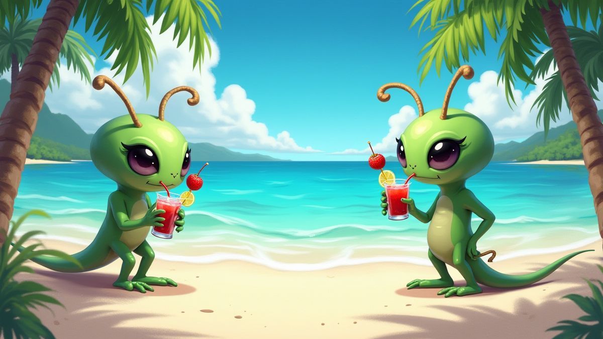 Una playa tropical con aguas cristalinas y personajes alienígenas disfrutando de cócteles.
