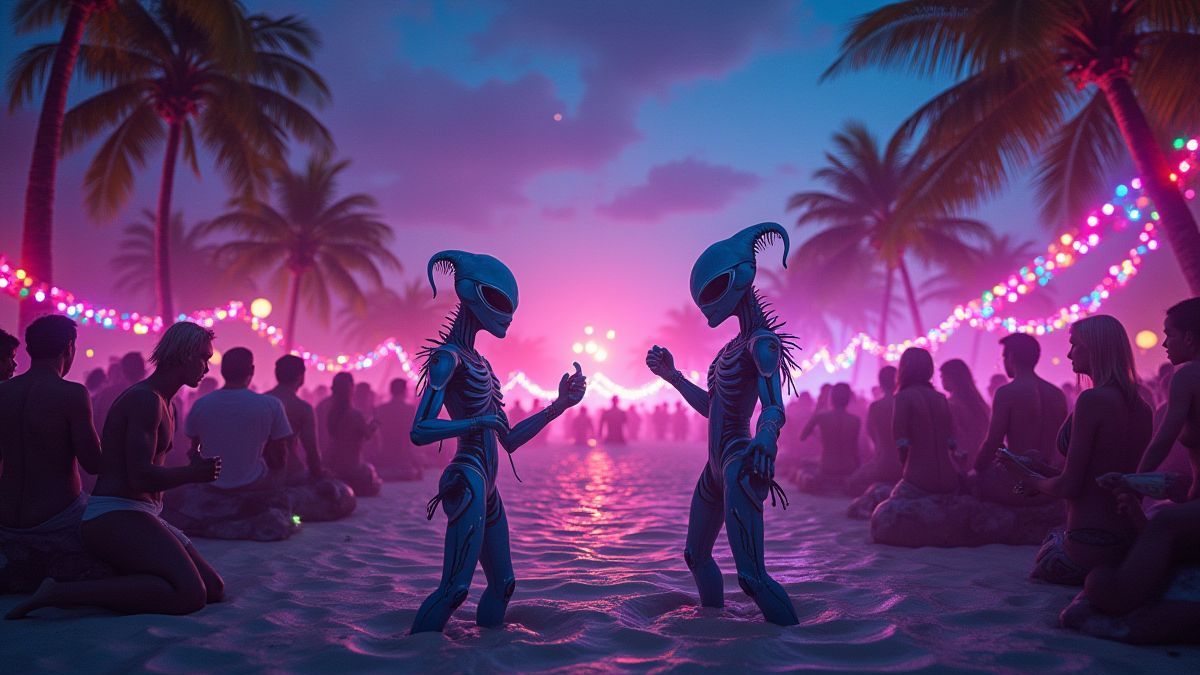 Una fiesta alienígena en la playa con luces y música.