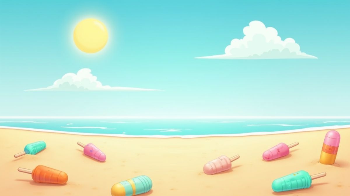 Uma praia ensolarada com sorvetes coloridos na areia.