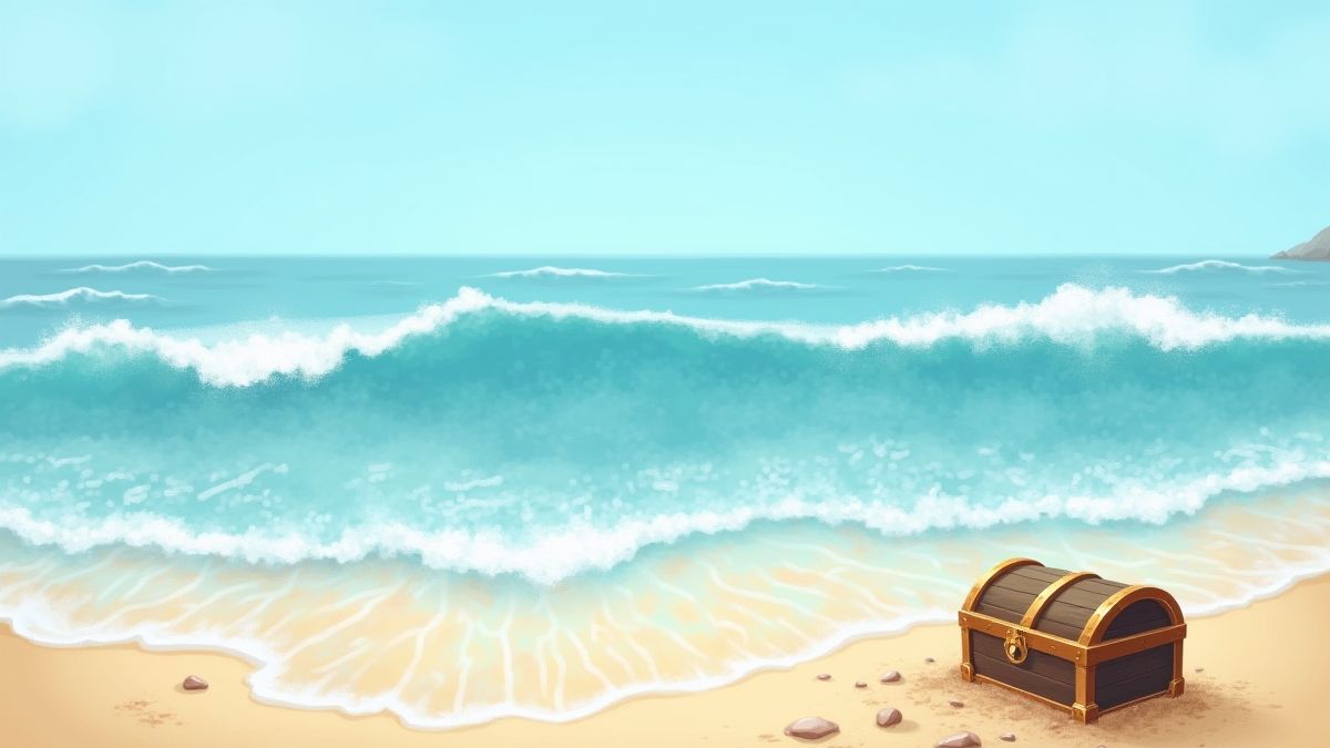 Vista de um oceano tranquilo com um cofre do tesouro na areia.