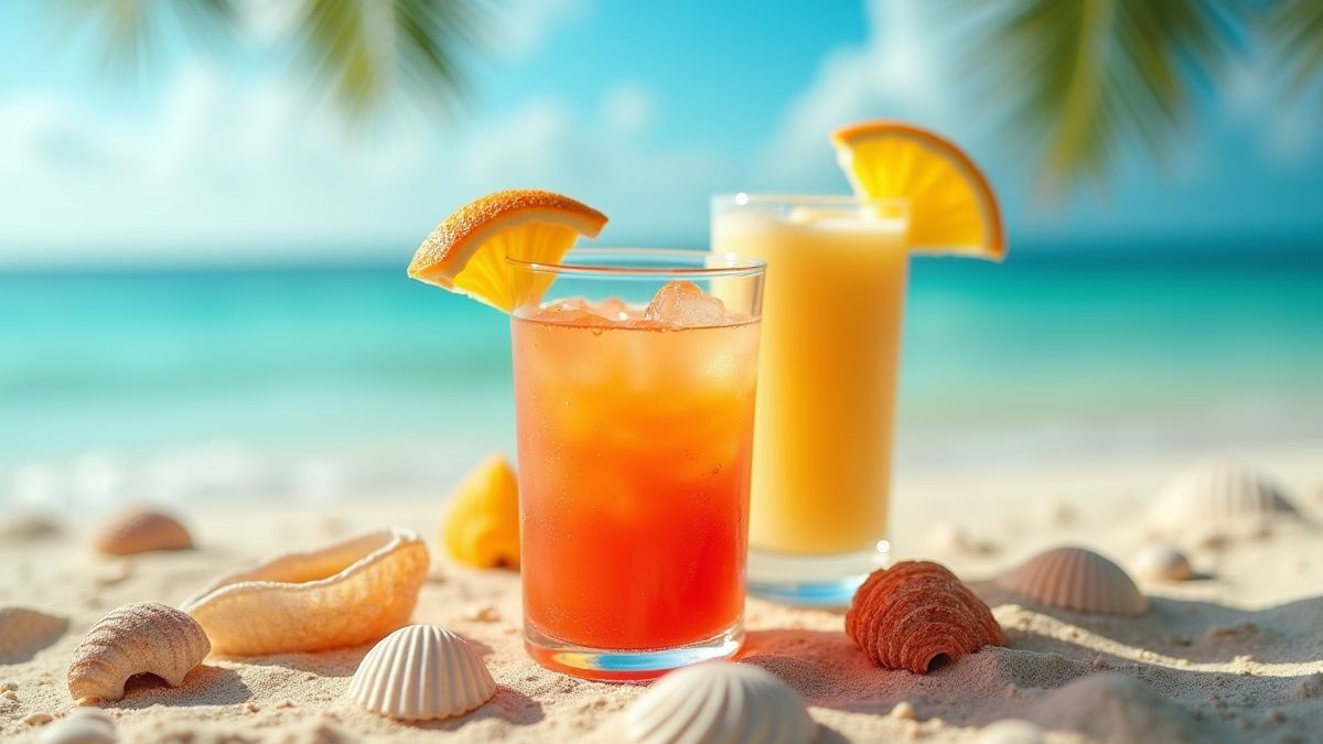 Tropische Cocktails auf einem Tisch am Strand umgeben von Muscheln und Sand.