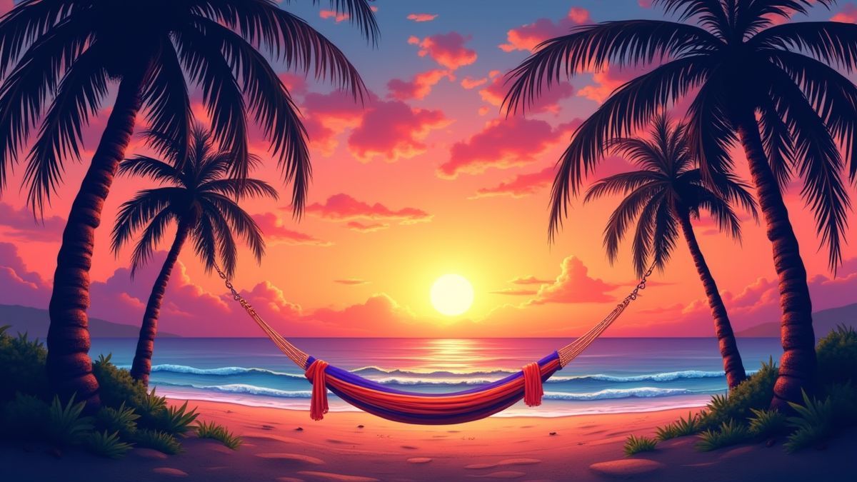 Tropischer Sonnenuntergang mit Palmen und einer Hängematte.