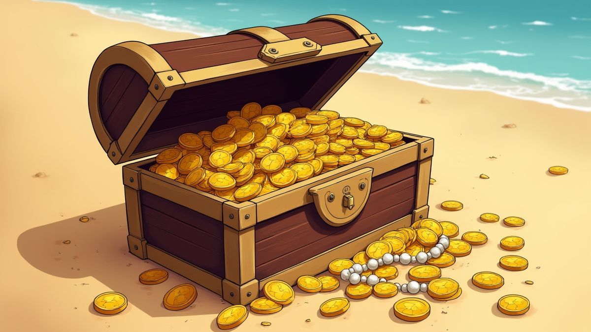 Baú do tesouro cheio de moedas e pérolas na areia