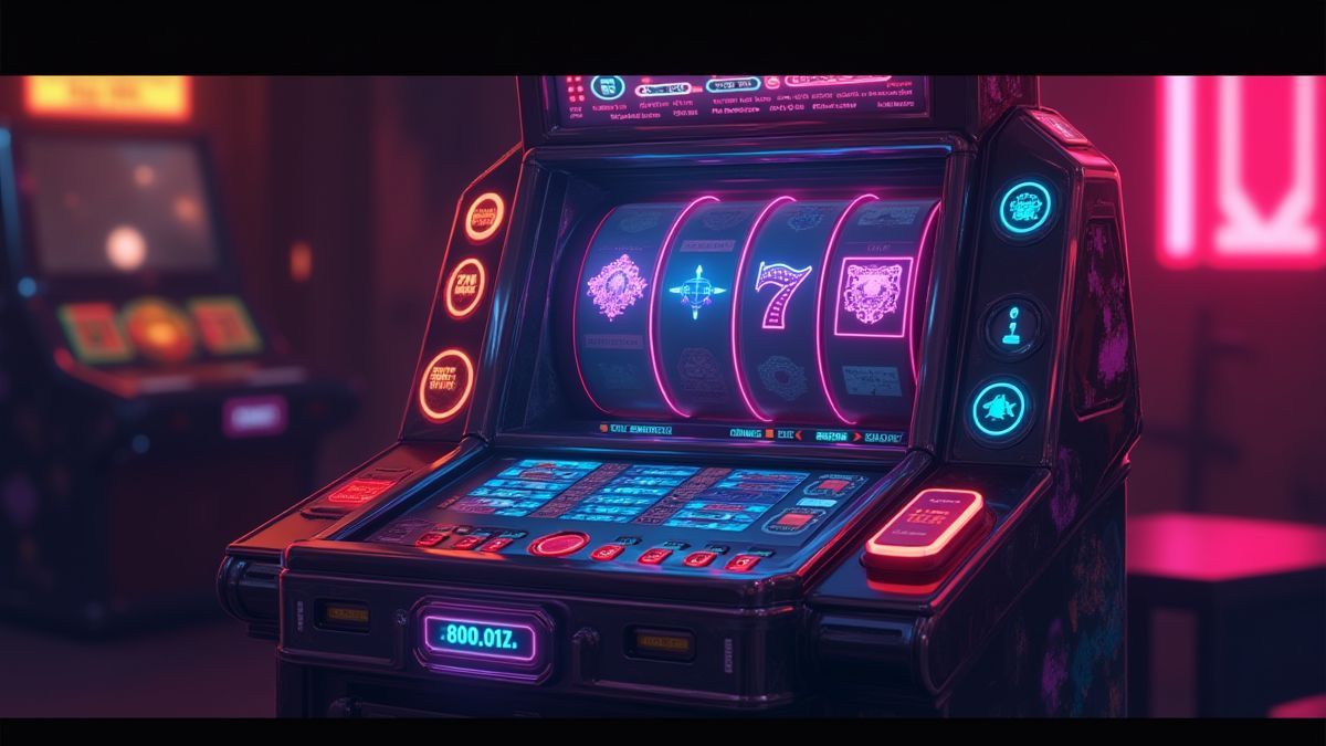 Interface de machine à sous futuriste avec des boutons néon.