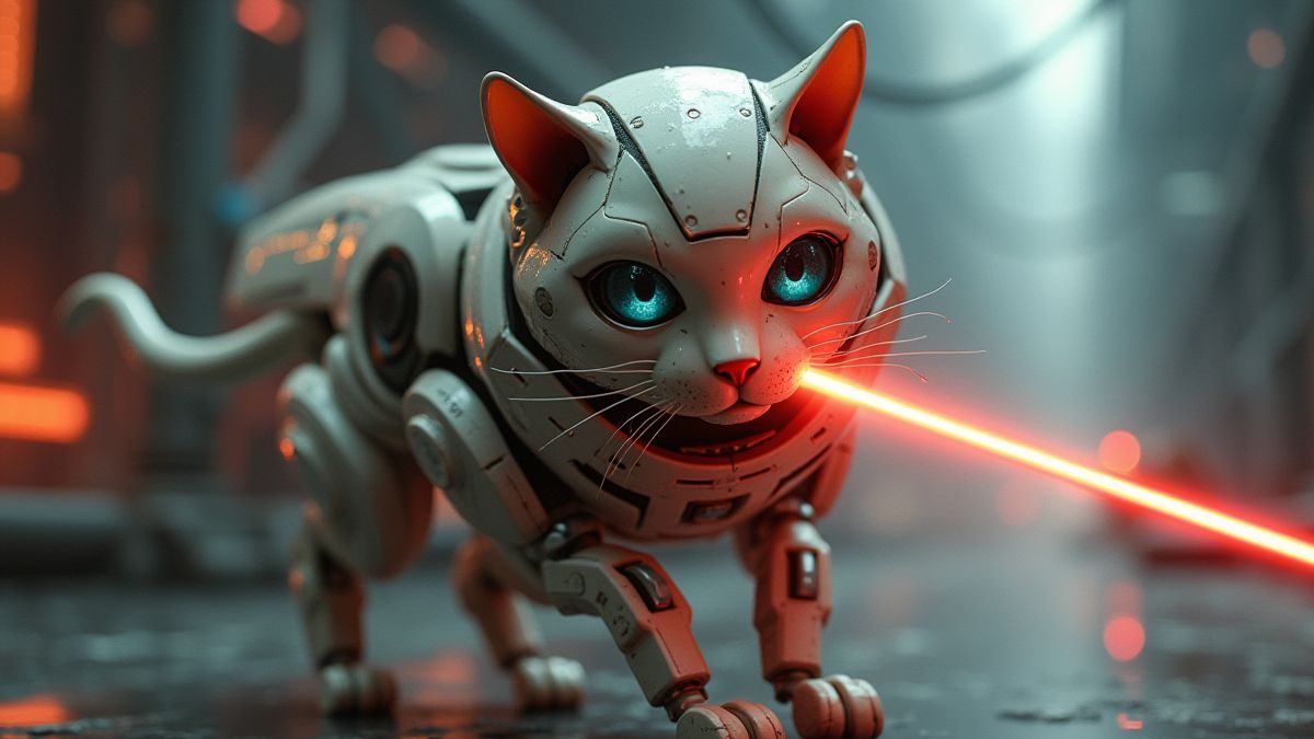 Un chat robotique tirant des rayons laser dans un cadre futuriste.