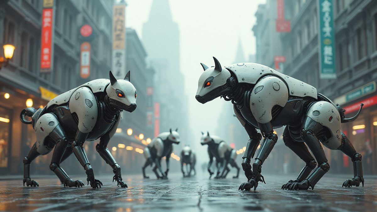 Une ville futuriste avec des animaux robotiques.