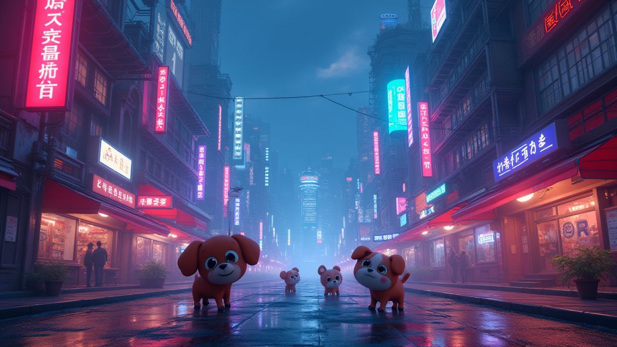 Ciudad futurista iluminada con neón y perros animados paseando.