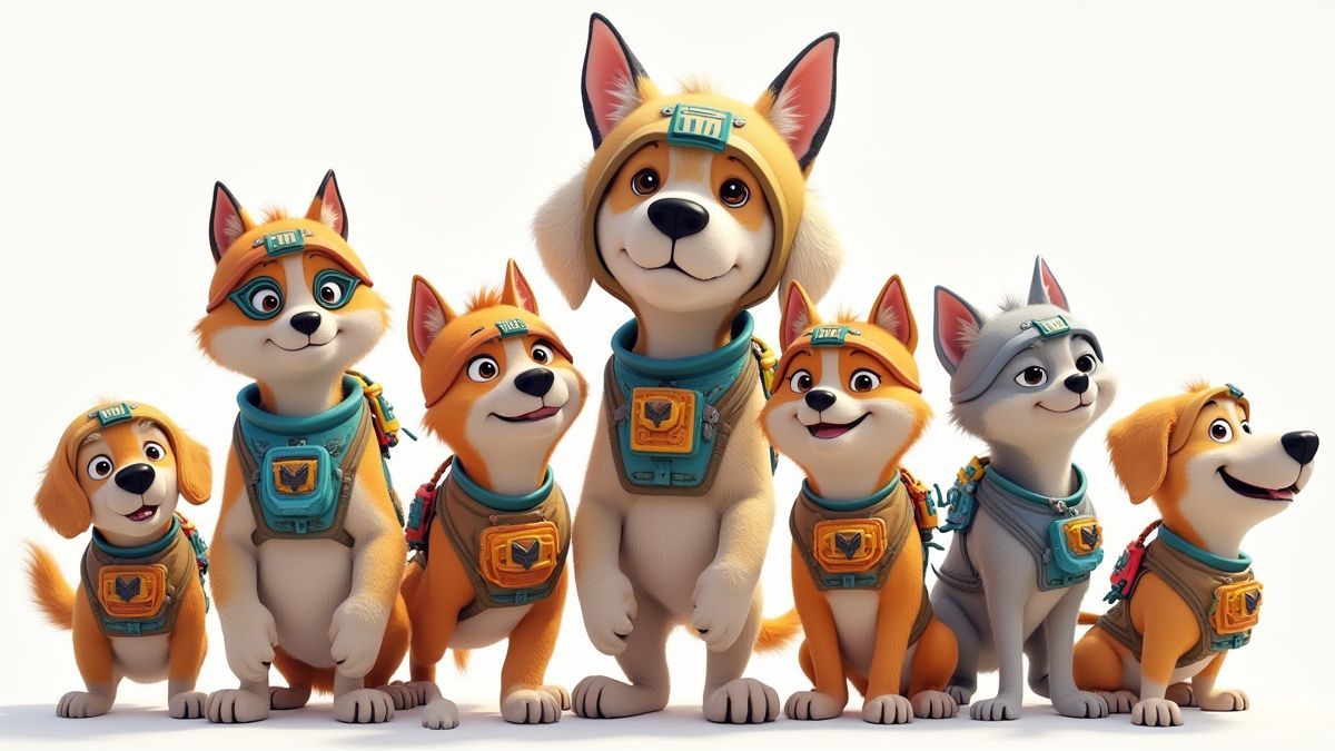 Grupo de perros animados con equipo futurista.