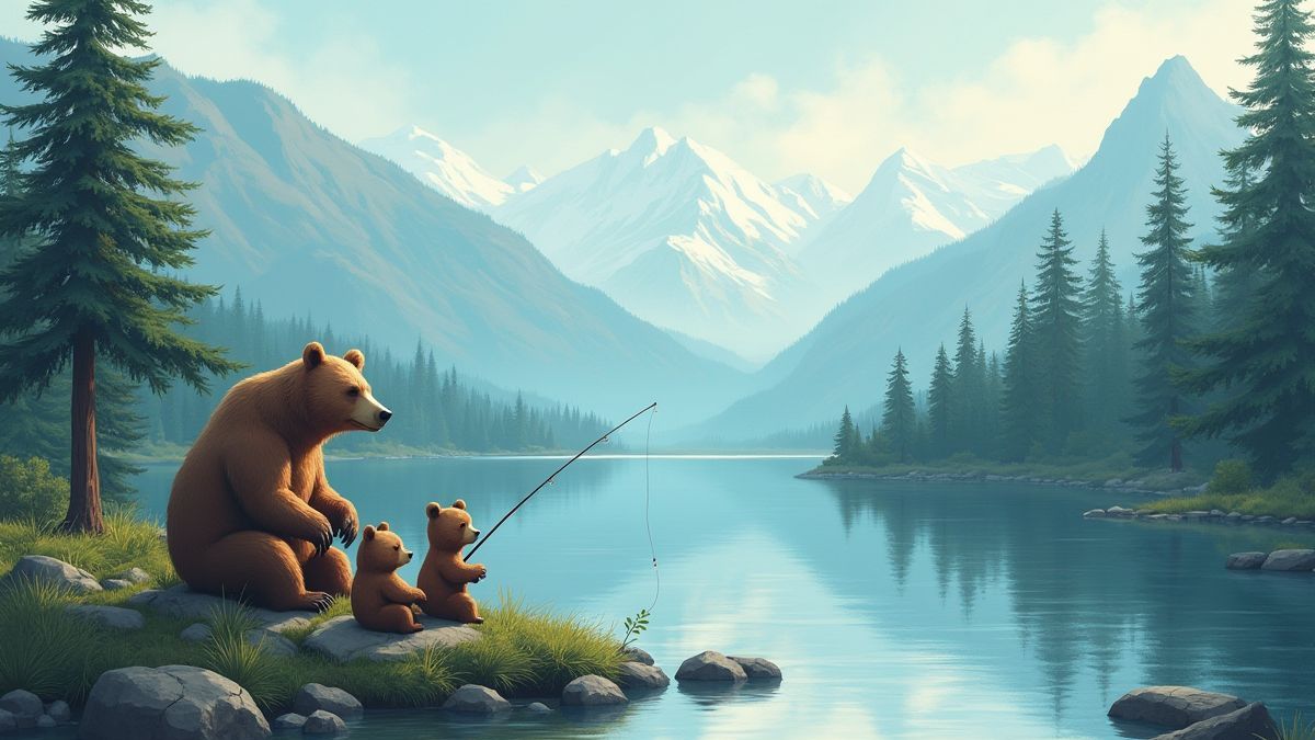 Familia de osos pescando junto a un río rodeado de árboles y montañas.
