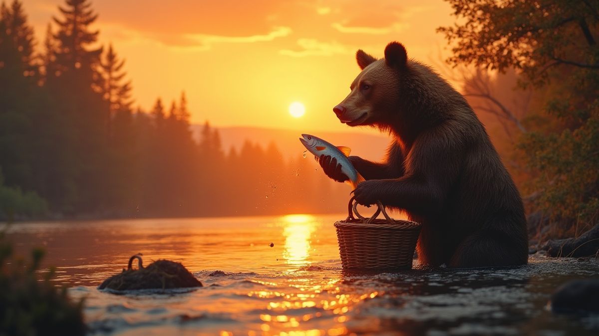 Oso atrapando peces en una cesta junto al río durante el atardecer.